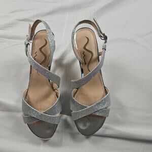 Womens 6.5 Silver Glitter Strappy High Heel Sandals Open Toe by Nina